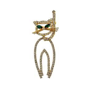 Vintage Retro Cat MCM Prong Set Rhinestone Groovy Gold Tone Articulated Brooch